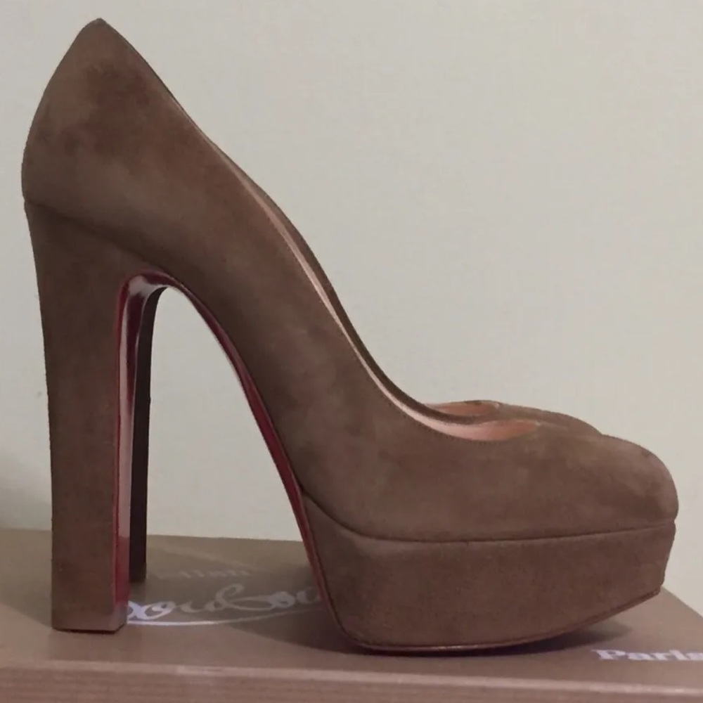 CHRISTIAN LOUBOUTIN BIBI camel beige suede platform red sole pumps heels 34.5 - Picture 2 of 9